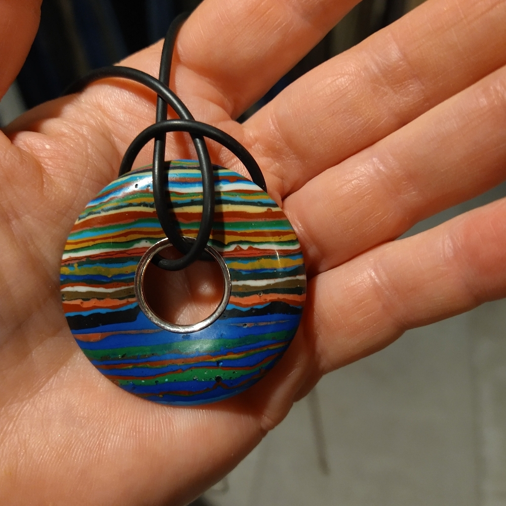 Jay King Rainbow Calsillica reversible Disk Necklace on leather adjustable cord